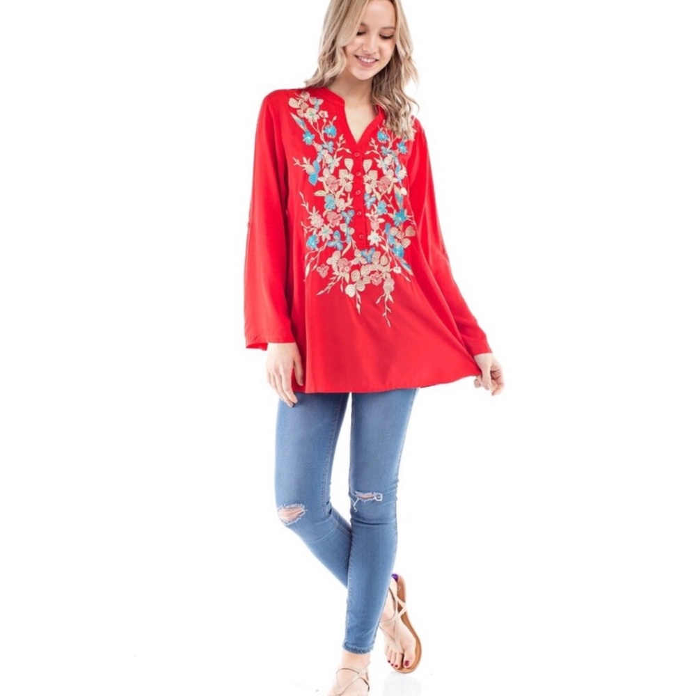 Vibrant Red Floral Embroidered Swim Coverup - Picture 6 of 7